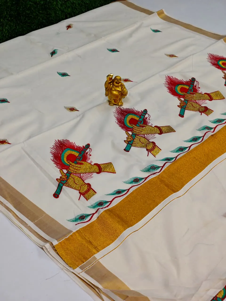 Traditional Border Cotton Saree – Cream & Green
